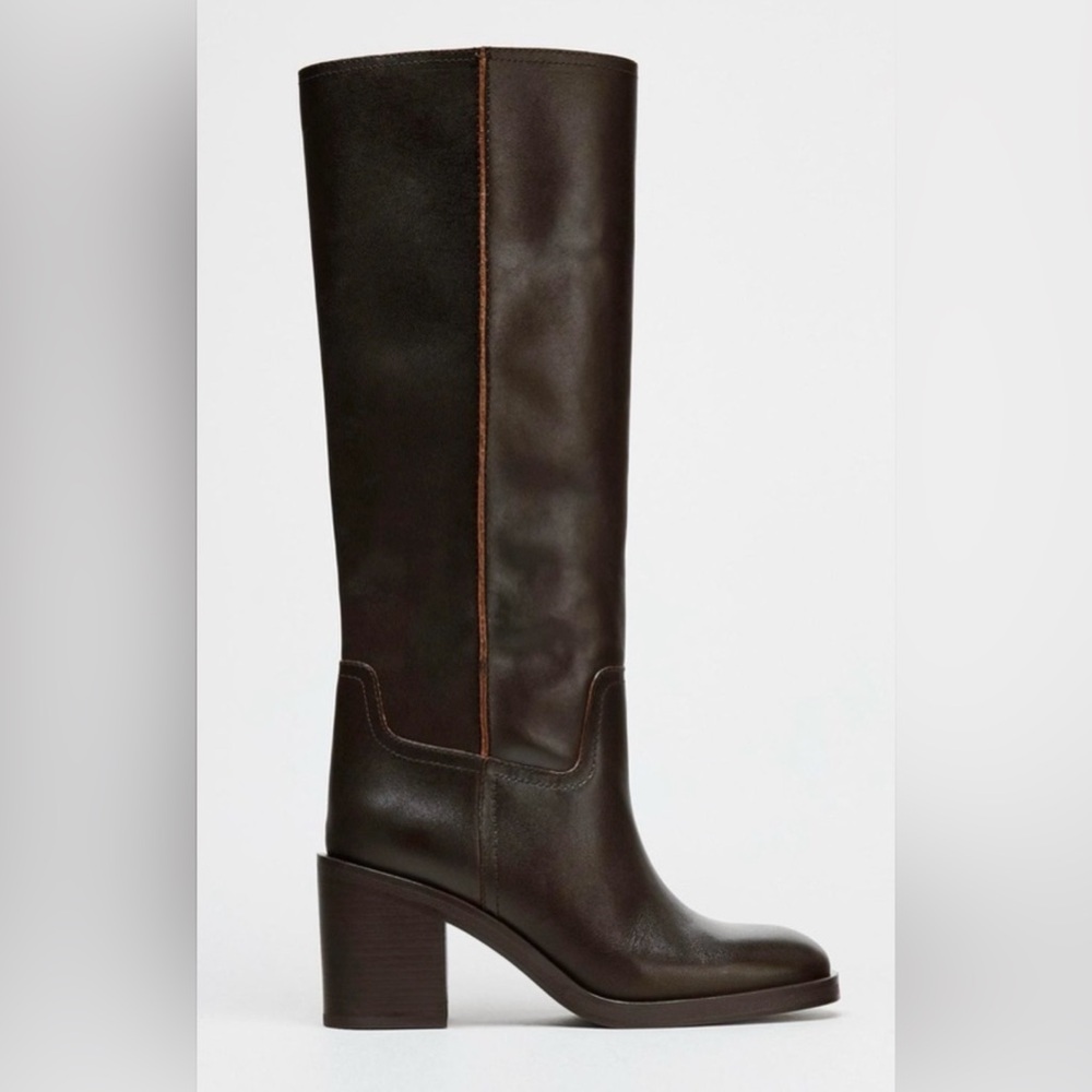 NWT Zara Wide Heeled Leather Boots Chocolate Brown Size 9/40
